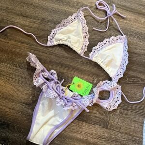 Brazil Swxxy Women's Purple and White Gingham Ruffles Triangle Tie Bikini Set